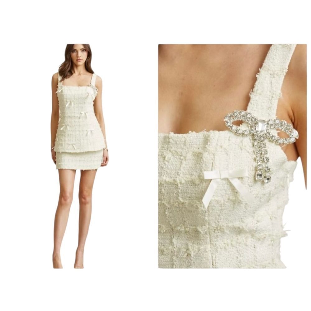 NWT Blithe LA Mini Dress Rhinestone bow tweed Tiered Lace Up Back Ivory Size M